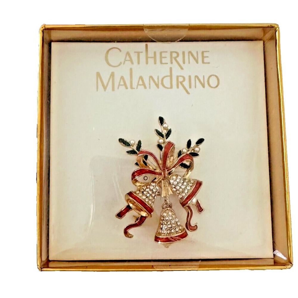 NEW Catherine Malandrino Brooch Christmas Bells Crystals Bow Red Gold Tone Pin